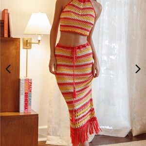 Soul Sister Fringe Hem Crochet Midi Skirt Red